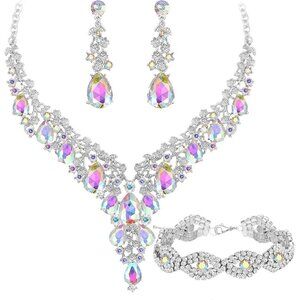 🆕Women Silver Crystal Jewelry Statement Choker Necklace Earrings Bracelets Set